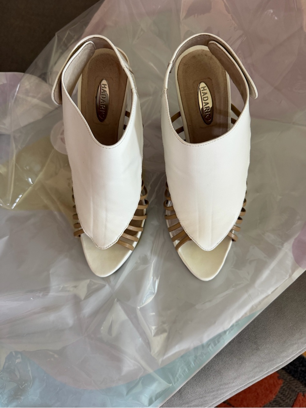White and Tan Open-Toe Slingback Heels — Elegant Women's Dress Shoes